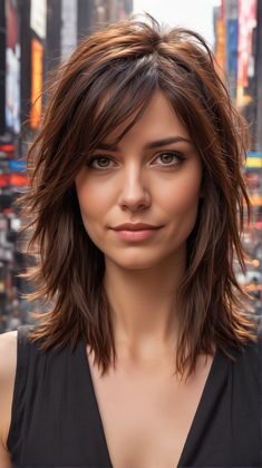 Haïr Style Medium Hair 2023, Shoulder Length Hair Layered With Bangs, Idea For Haircut, Womens Hairstyles For Thick Hair, Angled Bangstyle Hair Medium, Choppy Layered Long Hair, Fringe Shag Hair, Choppy Layers For Medium Length Hair, Collarbone Length Hair With Layers Wavy