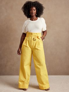 Lustrous and softly structured, this high rise pant is expertly crafted from lightweight faille fabric, cut in an exaggerated wide leg silhouette anchored by a wide, cuffed hem for commanding style.  WIDE-LEG FIT: High waisted.  Straight from waist t Wide Leg Yellow Pants Outfit, Summer Outfit Office Casual, Chic Cotton High-waisted Wide Leg Pants, Chic Cotton High Waist Wide Leg Pants, Chic High-waisted Cotton Wide Leg Pants, Chic Cotton Wide Leg Pants, Chic Wide Leg Cotton Pants For Work, Chic Solid Cotton Wide Leg Pants, Chic Cotton Straight Culottes