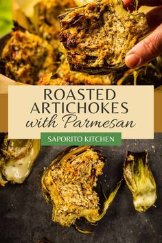 roasted artichokes with parmesan sauce in a cast iron skillet