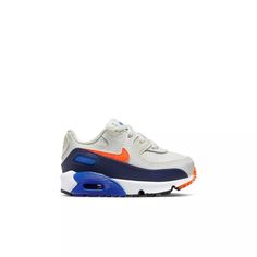 Nike Air Max 90 "Back To Cool" Toddler Boys\' Shoe in WHITE/ORANGE/NAVY Nike Air Max With Synthetic Material, Casual Nike Air Max For Jogging, Fade-resistant, Casual Nike Air Max Fade-resistant For Jogging, Boy Tennis Shoes, Boy Nike Shoes, Tennis Shoes Nike, Nike Shoes For Boys, Boys Tennis Shoes