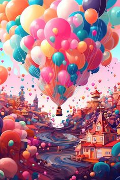 colorful balloons flying in the sky over a town with houses and buildings on either side