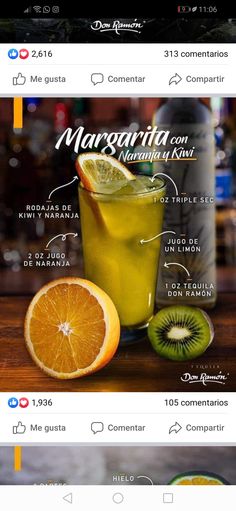 an orange and kiwi drink with information about the ingredients