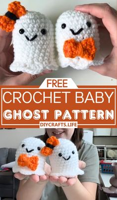 two crocheted ghost baby shoes with text overlay that says free crochet baby ghost pattern