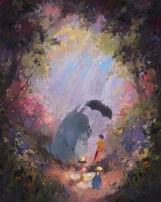 an oil painting of a person holding an umbrella in the rain with a blue elephant behind them