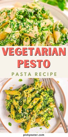 vegetarian pesto pasta on a plate with a fork