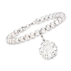 Ross-Simons - Sterling Silver Bead Bracelet with Monogram Charm. 8". This bracelet is a stylish way to wear your identity for all to see! Crafted in our Rhode Island studio, the monogram is custom-cut with three open script initials of your choice in polished sterling silver. You can remove it from the bracelet to wear solo, clip to another pearl or bead strand or even hang it from another favorite chain. Please indicate which initial to center. Lobster clasp, personalized bead bracelet. Custom Made Braclets, Sterling Sliver Charm Bracelet, Silver Monogram Bracelet, Oval Locket Necklace, Round Locket Necklace, Monogram Pendant Necklace, Multi Gemstone Bracelet, Monogram Earrings, Cultured Pearl Bracelet