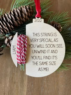 a christmas ornament hanging from a pine tree with two candy canes on it