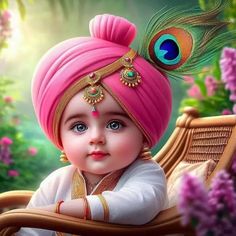 a baby wearing a pink turban with a peacock feather on it's head