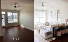 before and after pictures of a living room with white furniture, wood floors and windows