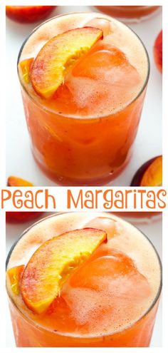 peach margaritas are served in glasses with orange slices on the rim and garnish