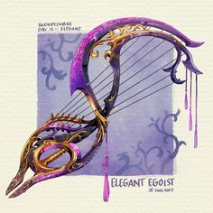 an artistic drawing of a purple and gold harp