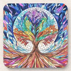 a stained glass tree with colorful leaves on it beverage coasters, set of 4