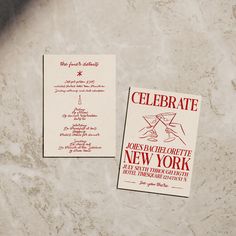 two cards with the words celebrate and new york written on them