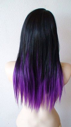 Dark Hair Purple, Purple Hair Tips, Purple And Black Hair, Ombre Highlights, Black Hair With Highlights, Hair Color Purple, Black Ombre, Long Straight Hair, Hair Black