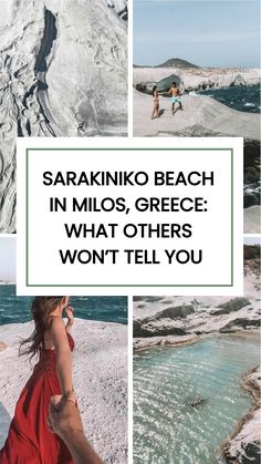 two people walking on the beach with text overlay that reads, sarakinko beach in mios, greece what others won't tell you