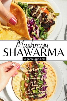 two plates with different types of food on them and the words mushroom shawarma