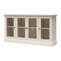 a white entertainment center with glass doors on the front and side panels, in an unfinished finish