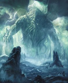 a giant monster standing in the middle of a body of water with lightning coming out of it