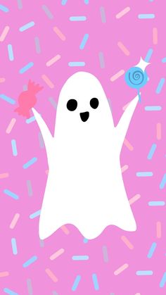 a ghost holding a lollipop with sprinkles around it on a pink background