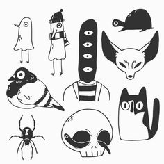 some black and white drawings with different things on them