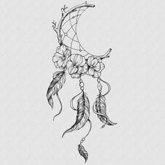 a drawing of a dream catcher with flowers and feathers hanging from it's side