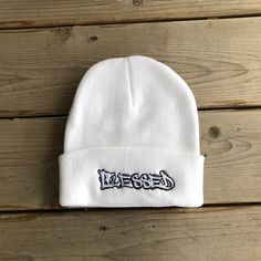 Stay warm, add style to your look and spark Kingdom conversations with our Blessed beanie! Trendy White Hat For Fall, Trendy White Beanie One Size, Trendy White Winter Hat, White Hats For Fall, One Size, One-size Cotton Hat For Streetwear, White One-size Hats For Fall, One Size Cotton Hat For Streetwear, White Cotton Beanie For Winter, White Beanie For Streetwear