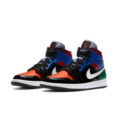 The women's Nike Air Jordan 1 Mid SE "Multi Patent" is an all-in-one pair, featuring a mix of colors and textures. Built with full-grain leather, the upper is black and complemented by overlays in green, blue, red and white. An orange toe box gives us a hint of "Shattered Backboard" vibe, while black patent leather shines at the toe cap and profile. Man Closet, Polyvore Png, Christmas Lists, Wmns Air Jordan 1, Png Clothes, Jordan Model, Air Jordan 1 Mid Se, Nike Air Jordan 1 Mid, Womens Air Jordans