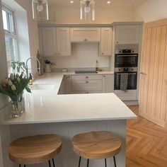 a kitchen with two stools next to an island