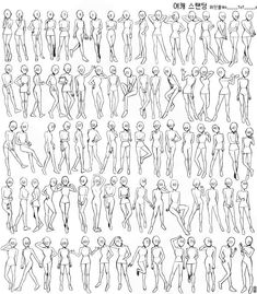 an image of various poses and body shapes for the character model sheet, drawn by hand