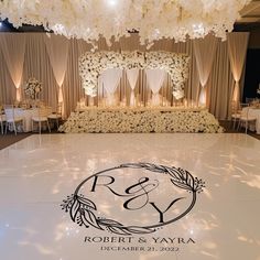 the reception room is decorated with white flowers and chandelier