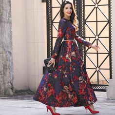 Floral Jacquard Maxi Dress Long Sleeved Maxi Dress Fall, Social Outfits, Fall Fashion Boho, Maxi Dress Fall, Moda Floral, Apostolic Fashion, Formal Dresses With Sleeves, Maxi Dresses Fall, Mode Boho