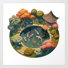 Japanese Garden with Koi Pond Art Print by King Berry Designs Pond Fish Drawing, Indigo Drawing, Garden With Koi Pond, Koi Pond Art, Japanese Koi Pond, Cny 2025, Album Wallpaper, Pond Covers, 3d Diorama