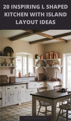 Rustic kitchen with wooden beams, white cabinets, and copper accents. Creative Inspiration, Unique Designs