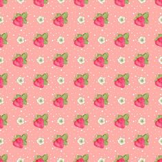 a pink background with white polka dots and strawberries