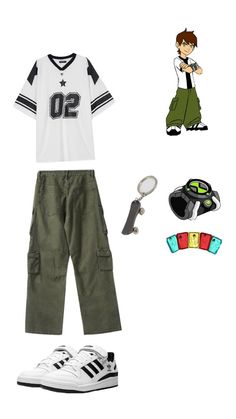 a white shirt, green pants and sneakers are arranged in the shape of a cartoon character