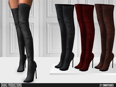 four pairs of high heeled boots with stilettos on the bottom and side