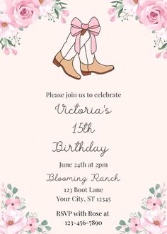 a birthday party with pink flowers and boots on the front, in an ornate frame