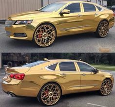 two pictures of the same gold car