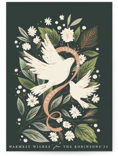 a white bird with flowers and leaves on it's back, flying through the air