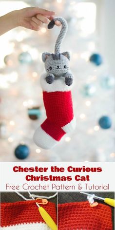 a crocheted christmas stocking with a cat hanging from it