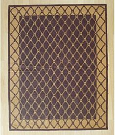 a brown and tan area rug with an intricate design on the bottom, in front of a white background