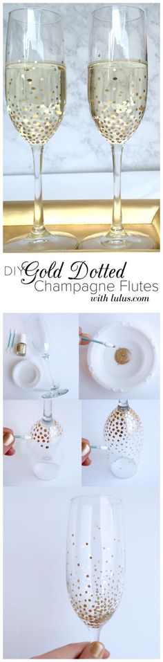 gold dotted wine glasses are sitting on a table