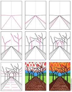 how to draw trees in different stages of the day and night with this step - by - step drawing lesson