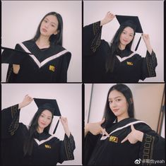 four pictures of a woman wearing a graduation gown and holding her cap in the air