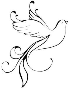 a black and white drawing of a bird with swirls on it's wings