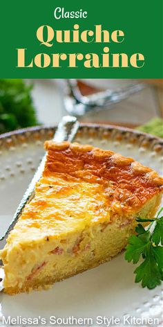 a slice of quiche lorraine on a white plate with parsley garnish