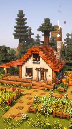 an image of a house in the middle of a garden with pumpkins and flowers