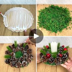 how to make a pine cone wreath with moss and candlesticks for christmas decorations