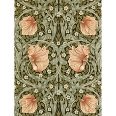 an intricately designed wallpaper with flowers and leaves in green, orange and pink colors