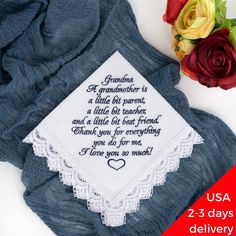 Grandparents wedding gift - embroidered hankerchief with sentimental message Don't know what to give Grandma on your wedding day? The best wedding gift for Grandparents - Handkerchief with thank you message. This listing includes these messages only. Please feel free to send a message if you need customize this and I will create a custom order for you. Grandma, A grandmother is a little bit parent, a little bit teacher, and a little bit best friend. Thank you for everything you do for me, I love White Handkerchiefs With Embroidered Text For Gift, White Handkerchiefs With Embroidered Text As Gift, Wedding Gift Handkerchiefs With Embroidered Text For Mother's Day, White Handkerchiefs With Custom Embroidery For Gift, White Handkerchiefs With Custom Embroidery As Gift, Embroidered White Handkerchief Gift, White Embroidered Handkerchiefs As Gift, White Embroidered Handkerchiefs For Special Events, Embroidered Hankerchief